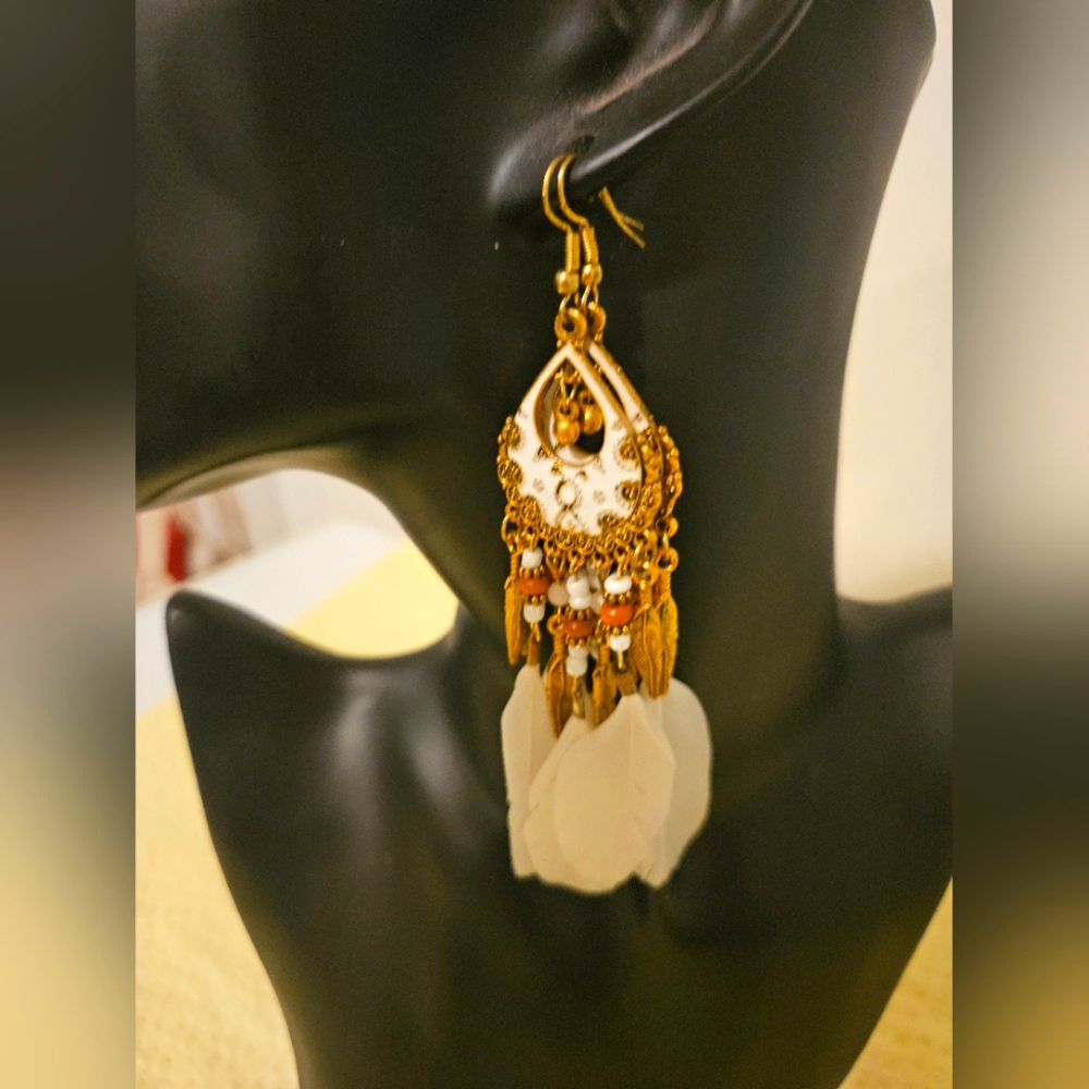 Gold and White Filigree Dangle Earrings